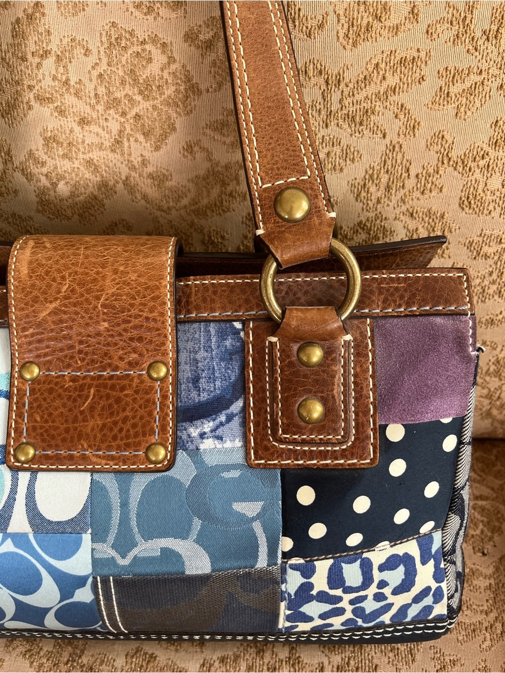 COACH 10816 Denim & Suede Patchwork Satchel bag Tan Leather Y2K - Picture 10 of 11